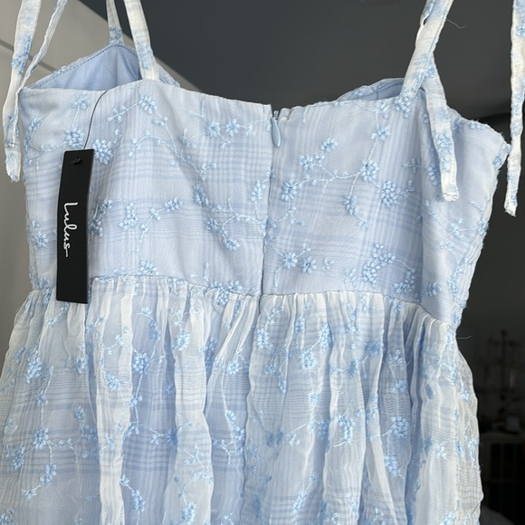 Lulus NWT Vineyard Visit Blue Embroidered Tie-Strap Tiered Midi Dress - Picture 4 of 14